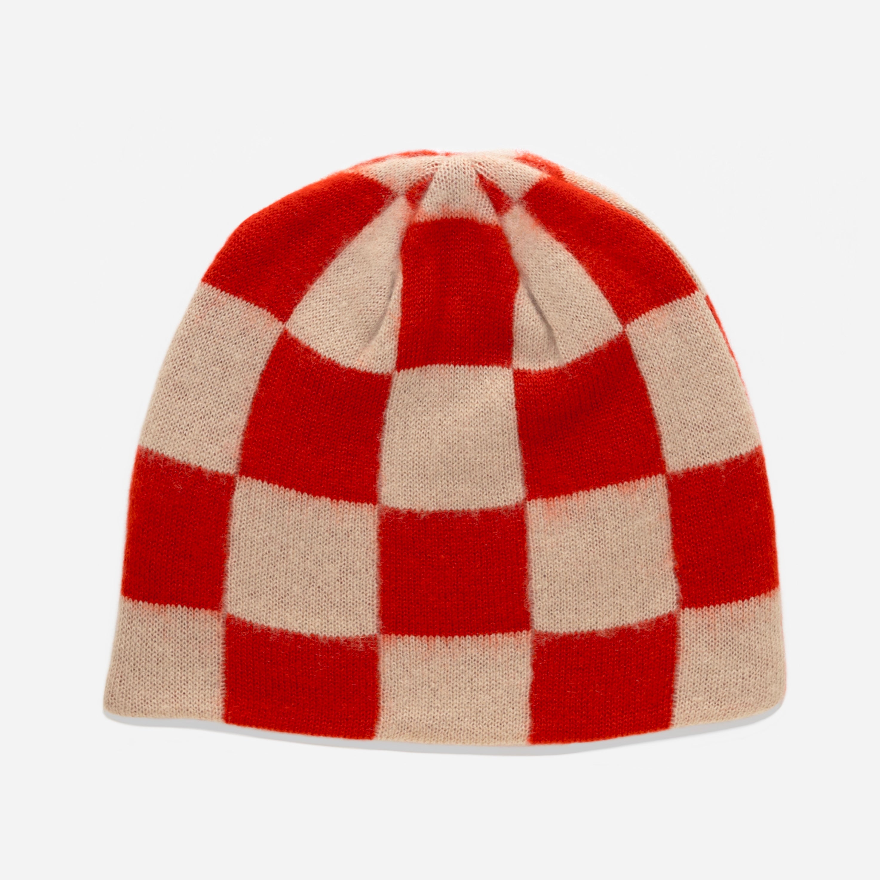 CHECKERED MOHAIR SKULL CAP (RED/CREAM)